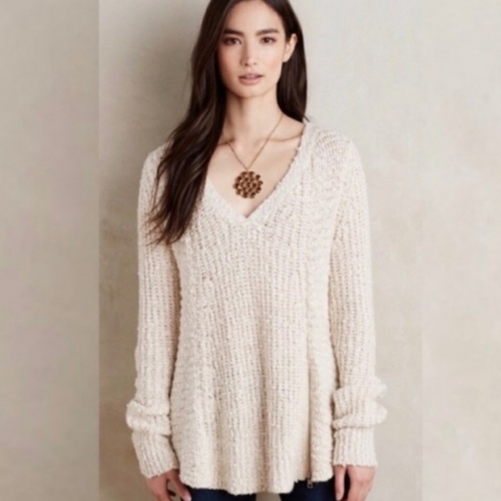 Anthropologie MOTH V-Neck Nubby Side Zip Sweater